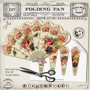 Victorian HAND FAN Template Printable Folding Fan Diy Papercraft Instant Download Fan ClipArt Collage Sheet Scrapbooking Bird Swan k11