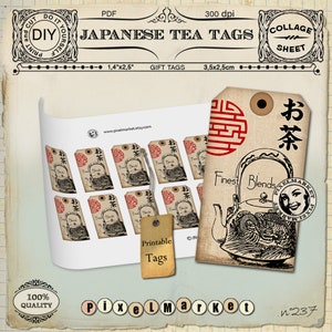 Etiquettes cadeau Imprimables Tags Theiere japonaise en téléchargement Scrapbooking Digital Instant download DIY 236
