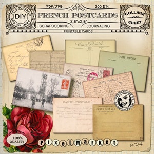 CARTES POSTALES ANCIENNES FRANÇAISES Carte de journalisation manuscrite Français affichage de bijoux éphémères Feuille de collage numérique Papercraft Téléchargement imprimable c24