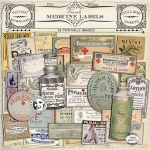 GENEESKUNDE Etiketten Franse antieke APOTHEEK Etiketten Medische ephemera Afdrukbare PDF Collage blad Digitale Download Scrapbooking Journal kaart 300