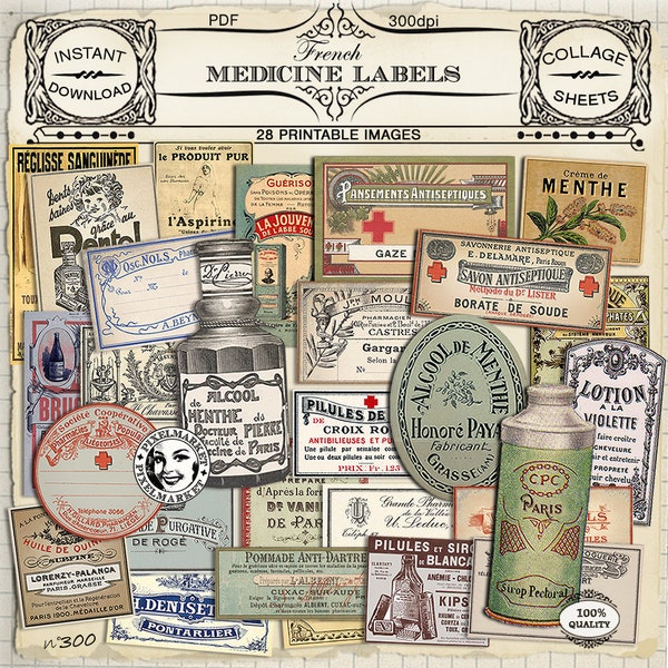 MEDICINE Labels French antique APOTHECARY Labels Medical ephemera Printable PDF Collage sheet Digital Download Scrapbooking Journal card 300