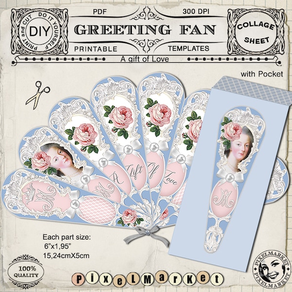 HAND FAN & POCKET Printable Greeting Fan Marie Antoinette Folding fan Diy Papercraft Supply Instant Download Fan ClipArt Digital Sheet