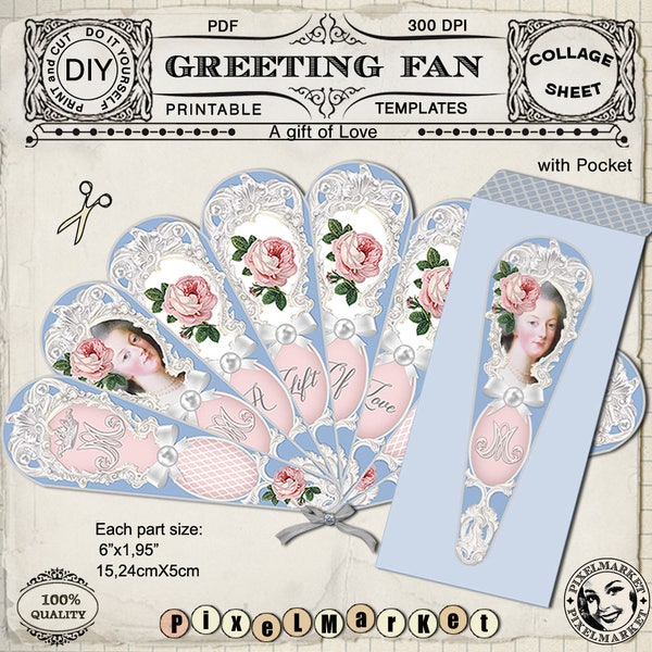 HAND FAN & POCKET Printable Greeting Fan Marie Antoinette Folding fan Diy Papercraft Supply Instant Download Fan ClipArt Digital Sheet