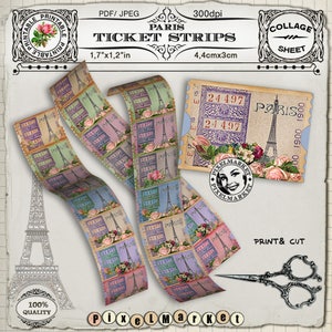 Bandes de billets imprimables Cliparts Français VintageTicket Tag Digital Border Collage Sheet Paris Tour Eiffel Téléchargement imprimable 219