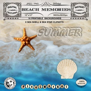 SUMMER Beach BACKGROUNDS & Clip arts Sand Sea Pebbles PAPERS Conchiglia Sea star Clipart stampabile Scarica Scrapbooking Scenic Backdrop 229
