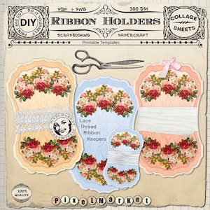 Set of 3 RIBBON HOLDER templates Printable Lace keeper cliparts Sewing storage Digital download DIY PaperCraft Sewing Card Thread Bobbin