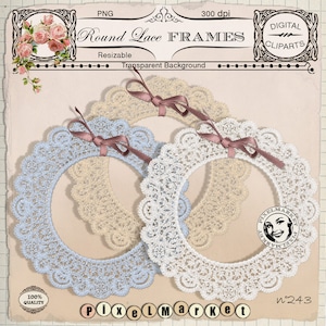 Spitze FRAME Cliparts SET von 3 Runde Fotorahmen mit Spitze & Band druckbare Download Fotograf Cardmaking Web Blog weiß rosa blau 243