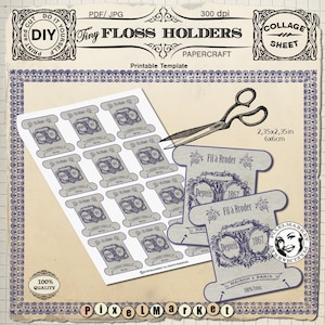 THREAD Spool Cards FLOSS HOLDERS Clip Arts Tiny Keepers Printable Download French Card DiY Buttons Storage Sepia Ink Blue k09