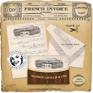 Patron de Facture ancienne avec dos et pochette imprimable pour Scrapbooking, Journaling Telechargement instantané Collage numérique DIY