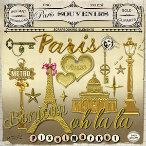 Goud reizen ClipArts Set van 18 Parijs Overlays Franse souvenir Trinket cliparts Scrapbooking versiering digitale Download Blog Design