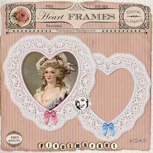 Descarga imprimible HEART FRAME Cliparts SET de 2 marcos digitales de encaje blanco con cintas rosas y azules para álbum de recortes para fotógrafos scrapbooking 245
