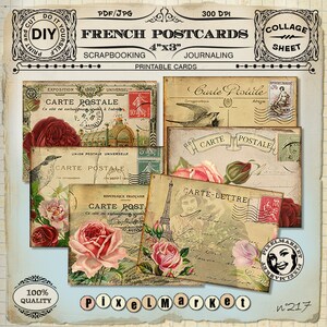 Set de 6 cartes postales anciennes françaises imprimables pour Scrapbooking, Collage, Journaling,Invitation Feuille de collage DIY