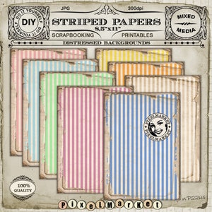 STRIPED PAPERS Digital Scrapbooking Papers Printable Large File 8,5 x 11 Cardmaking Stripes Striped BACKGROUNDS Worn Papers  c22Us