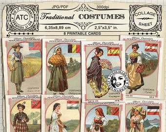 FRENCH EPHEMERA Vintage traditional national costume illustrations World folkloric dress card Printable Collage sheet download Scrapbooking