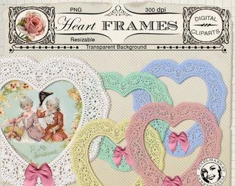 HEART FRAME Cliparts  Printable Download SET of 5 Bright Digital Picture Frames with Lace & Ribbon for Photographer Cardmaking Web Blog 244