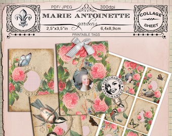 Tag Cliparts Marie Antoinette Gardens Vintage roses Cards Floral Background Collage Sheet Scrapbooking Printable Download DIY Papercraft c10