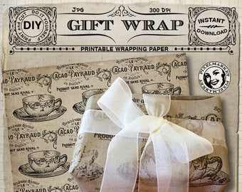 Afdrukbaar inpakpapier Frans cadeaupapier downloaden jutepapier digitale collage blad scrapbooking vintage advertentie kopje thee l05