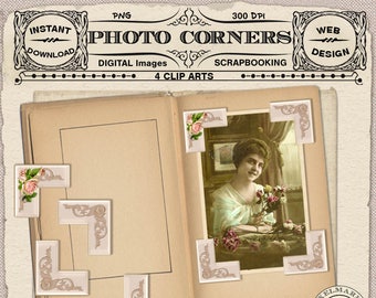 Vintage Photo CORNER CLIPARTS SET Picture Frame Overlay Card Corner Album Embellishment for Scrapbooking Blog Web Design n209