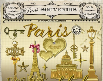 Gold travel ClipArts Set of 18 Paris Overlays French souvenir Trinket cliparts Scrapbooking Embellishment Digital Download Blog Design