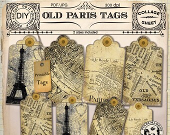 TAGS CLIPARTS Digital gift tag Antique MAP of Paris Printable Download French Ephemera Digital Collage Sheet Card HangTag Old Map Sepia t13