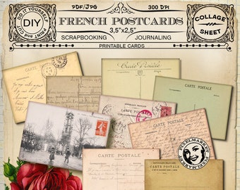 FRENCH VINTAGE POSTCARDS Handscript Journaling card French Ephemera Jewelry Display Digital Collage Sheet Papercraft Printable Download  c24