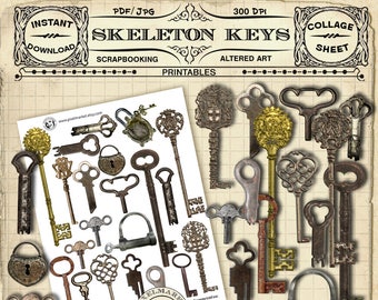 ANTIQUE SKELETON KEYS Collage Sheet Printable Download Digital Scrapbooking Pdf Altered Art Vintage Keys Antique Locks Cast Iron Keys c07