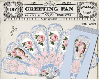 HAND FAN & POCKET Printable Greeting Fan Marie Antoinette Folding fan Diy Papercraft Supply Instant Download Fan ClipArt Digital Sheet