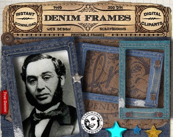 Denim PHOTO FRAME Cliparts KIT Printable Download for Photographer Web Blog Scrapbook Denim fabric Frame Blue Frame DieCut Star ClipArt Fr16