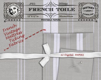 French Toile PAPERS set Printable ticking fabric texture Photo Background Digital Download for Scrapbooking Journaling Blog design