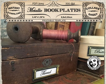 Mall för tom etikett, utskrivbar, nedladdningsbar, metallbokexlibris, kortförvaring, collageark, antik brons, steampunk-etikett, låda, etikettorganisatör 257