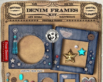 Denim FRAME Cliparts KIT Distressed Blue Jeans Picture FRAME w/ Jewels Printable Dowload for PhotoBook Blog Scrapbook Blue Frame Stamp n225