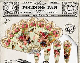 Victorian HAND FAN Template Printable Folding Fan Diy Papercraft Instant Download Fan ClipArt Collage Sheet Scrapbooking Bird Swan k11