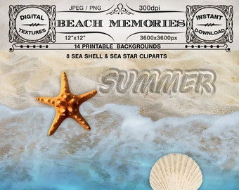 SUMMER Beach BACKGROUNDS & Clip arts Sand Sea Pebbles PAPERS Sea shell Sea star Clipart Printable Download Scrapbooking Scenic Backdrop 229