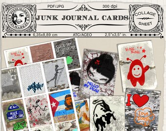 Printable JUNK JOURNAL CARDS Tagged walls with graffiti Digital Collage Sheet download Street Art Atc Cards Grunge background for journaling