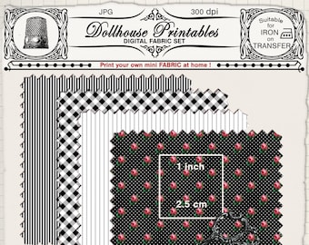 MINIATURE FABRIC Printable sheets for dollhouse diorama roombox Black fabric set Digital download Iron on transfer Print at home