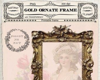 Gold FRAME CLIPART Printable ornate photo frame w/ transparent background Floral carved picture frame Digital download for Scrapbooking