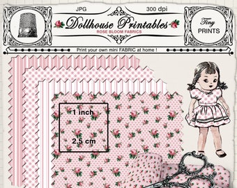 Dollhouse MINIATURE Printable pink FABRIC Rose bloom print fabric Digital download for dollhouse diorama roombox Iron on transfer