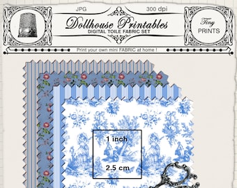 Dollhouse miniature TOILE FABRIC Printable set of 4 coordinating french toile fabrics Digital download for Iron on transfer Diorama Roombox