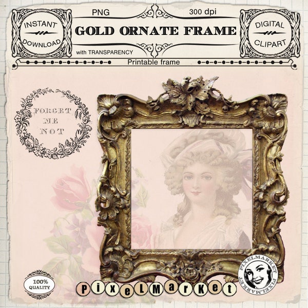 Gold FRAME CLIPART Printable ornate photo frame w/ transparent background Floral carved picture frame Digital download for Scrapbooking