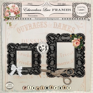 Schwarzer SPITZENRAHMEN ClipArts Druckbare Bilderrahmen Overlays Digitaler Download für Fotografen Scrapbooking Journaling Kartenherstellung Web Blog
