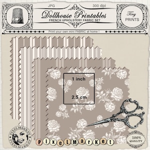 Dollhouse miniature PRINTABLE UPHOLSTERY FABRIC French ticking stripe fabric sheets Digital download for iron on transfer diorama  roombox
