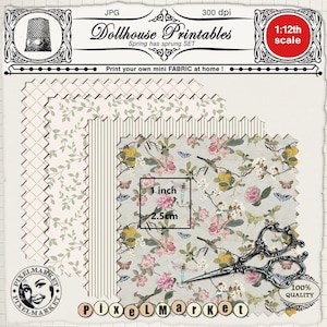1/12th scale Chinoiserie FABRIC PRINT SET 4 Printable sheets for dollhouse diorama roombox Instant download