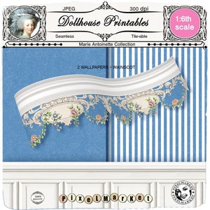 Set stampabile di 2 CARTE DA PARATI per case delle bambole con BORDO FLOREALE e RIVESTIMENTO in miniatura da scaricare per diorama roombox per case delle bambole in scala 1/6
