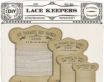 Printable Lace and  Ribbon Keepers Storage Card Thread Spool Card Floss Keeper Instant Download Sepia Shabby style French Vintage Ad k06
