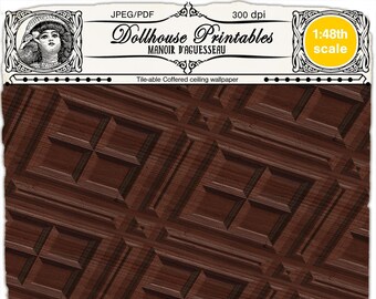 Dollhouse Elegant Brown Coffered Ceiling Printable Miniature Decor for 1/48 Dollhouse Roombox Booknook DiY Instant Download