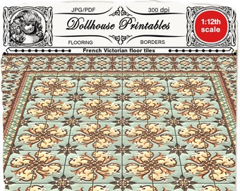 DOLLHOUSE Flooring 1/12th Scale French Victorian Floor Tiles w/ Border Printable Download Digital Sheet Floor texture  for Diorama Roombox