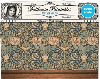 Puede incluir: Un conjunto de papel tapiz y zócalo imprimible para casa de muñecas con un patrón floral en tonos azules, verdes, amarillos y rojos. El papel tapiz está diseñado al estilo de William Morris y es enlosable. El zócalo es un panelado de madera oscura.