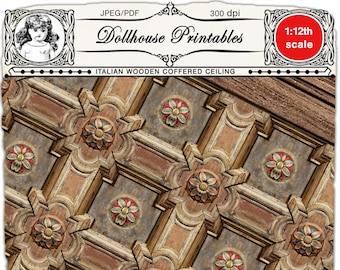 Dollhouse CEILING WALLPAPER Printable miniature Italian wooden coffered ceiling download for 1/12 doll's house booknook diorama roombox