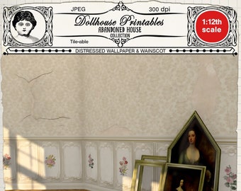 DOLLHOUSE printable Damask WALLPAPER w/ WAINSCOTING Weathered old wall for 12th book nook diorama shabby miniature Digital sheet download