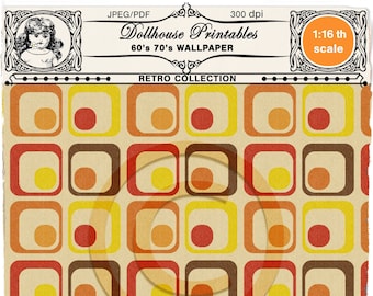 1/16 scale Retro DOLLHOUSE WALLPAPER Printable yellow wallpaper well suited for doll like Lundby 60's 70's miniature decor
